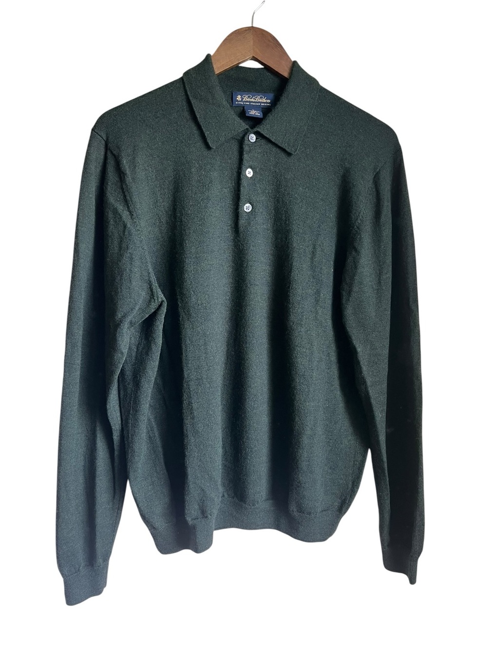 Brooks Brothers Merino Wool Sweater Polo Mens L Green Long Sleeve Small Flaw Y2K